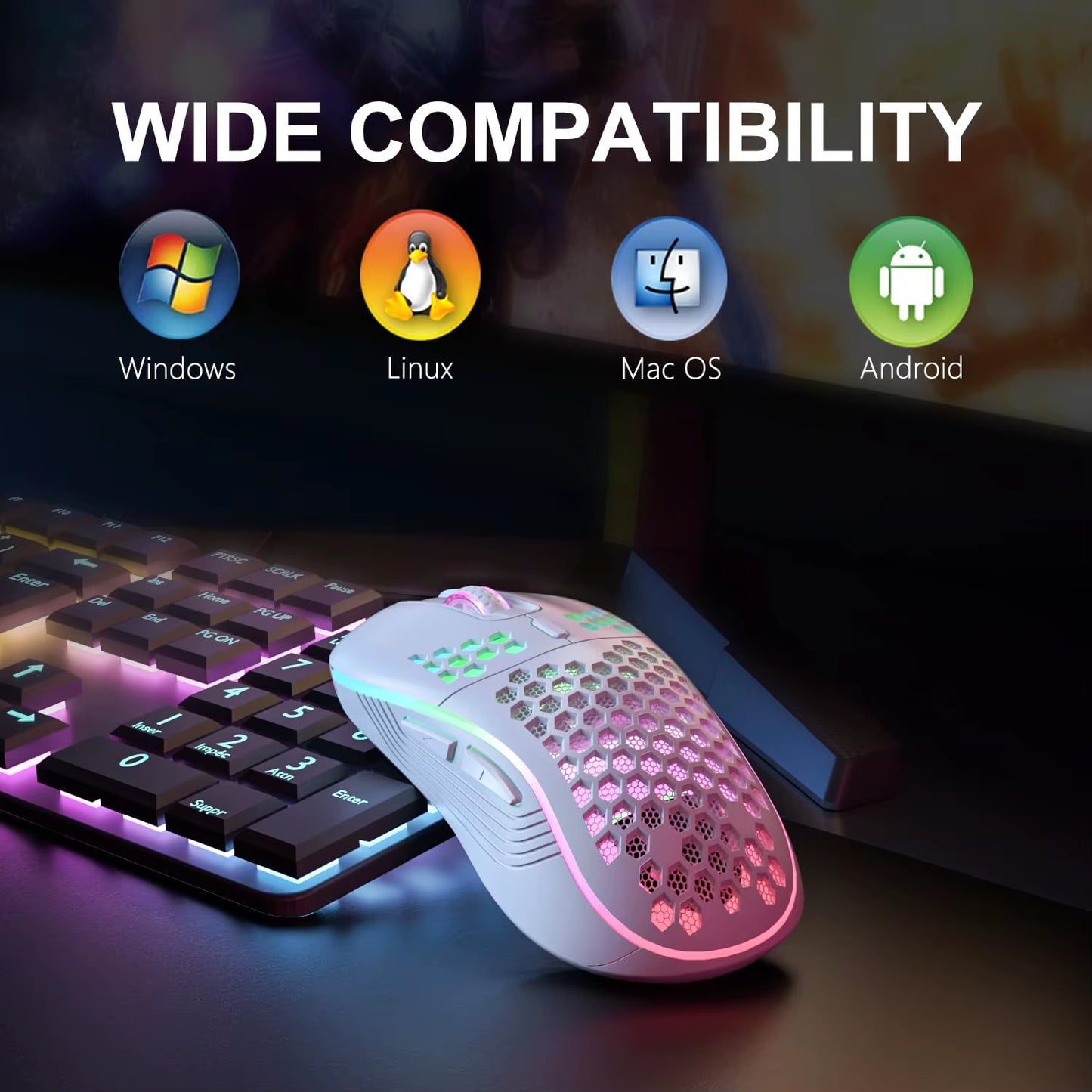 2.4GHz Wireless RGB Backlit Gaming Mouse with 6 Buttons, 3-Speed DPI, Type C Rechargeable, Ergonomic Honeycomb Design