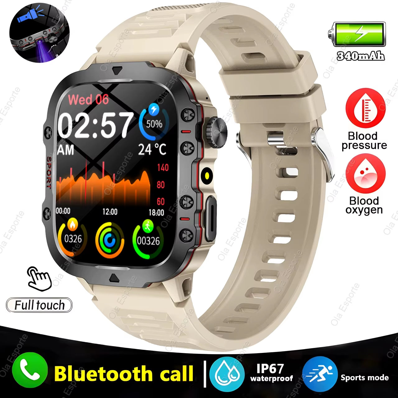 Men's Smartwatch with Flashlight, Bluetooth Calling, Fitness Tracking, IP68 Waterproof, Compatible with Xiaomi and Android - 2024 Model