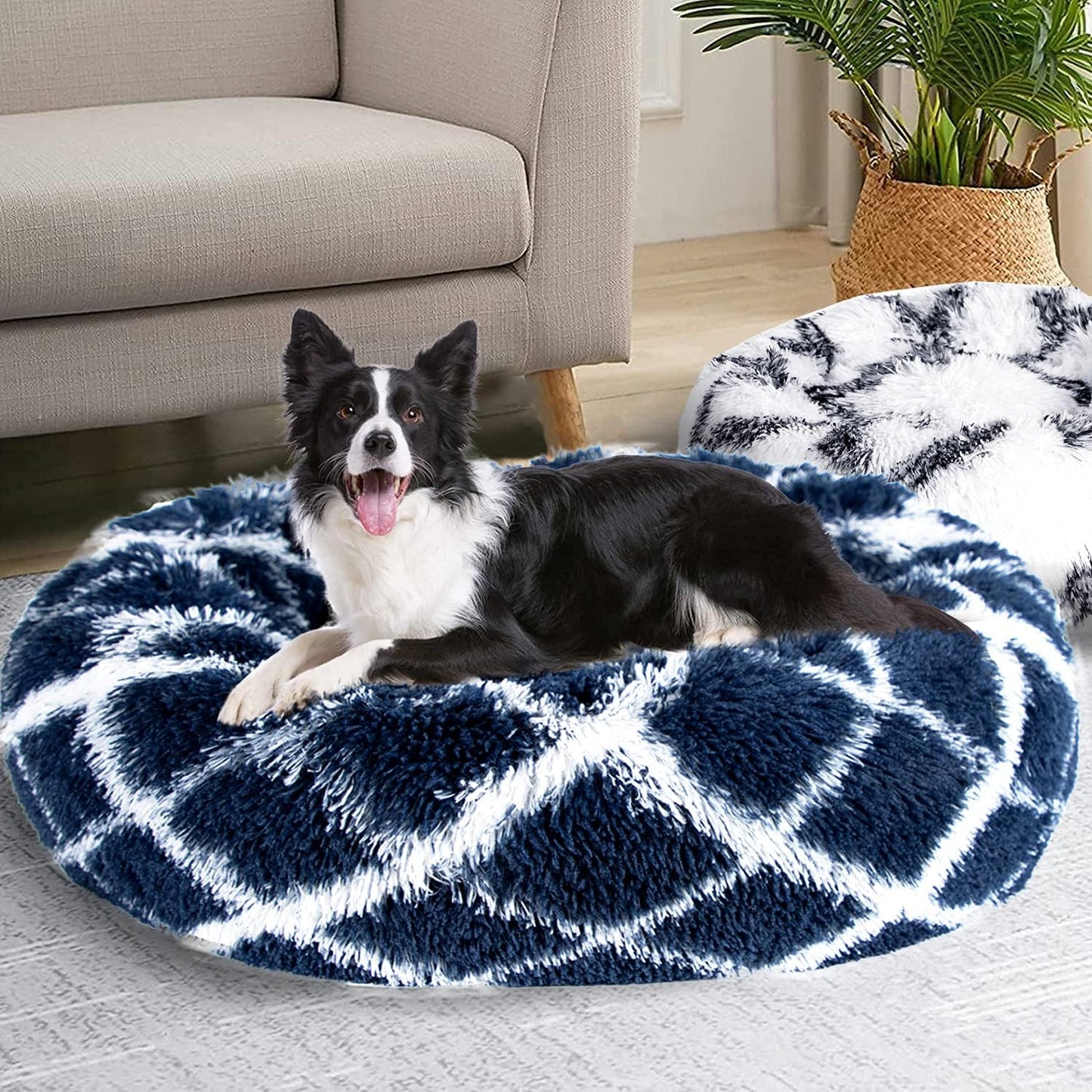 round Calming Dog Bed anti Anxiety Fluffy Plush Pet Bed Self Warming Faux Fur Dog Donut Cuddler Bed for Large Dogs 30"