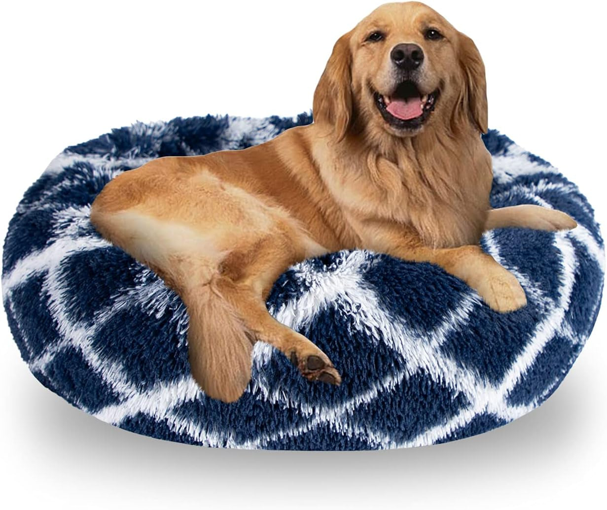 round Calming Dog Bed anti Anxiety Fluffy Plush Pet Bed Self Warming Faux Fur Dog Donut Cuddler Bed for Large Dogs 30"