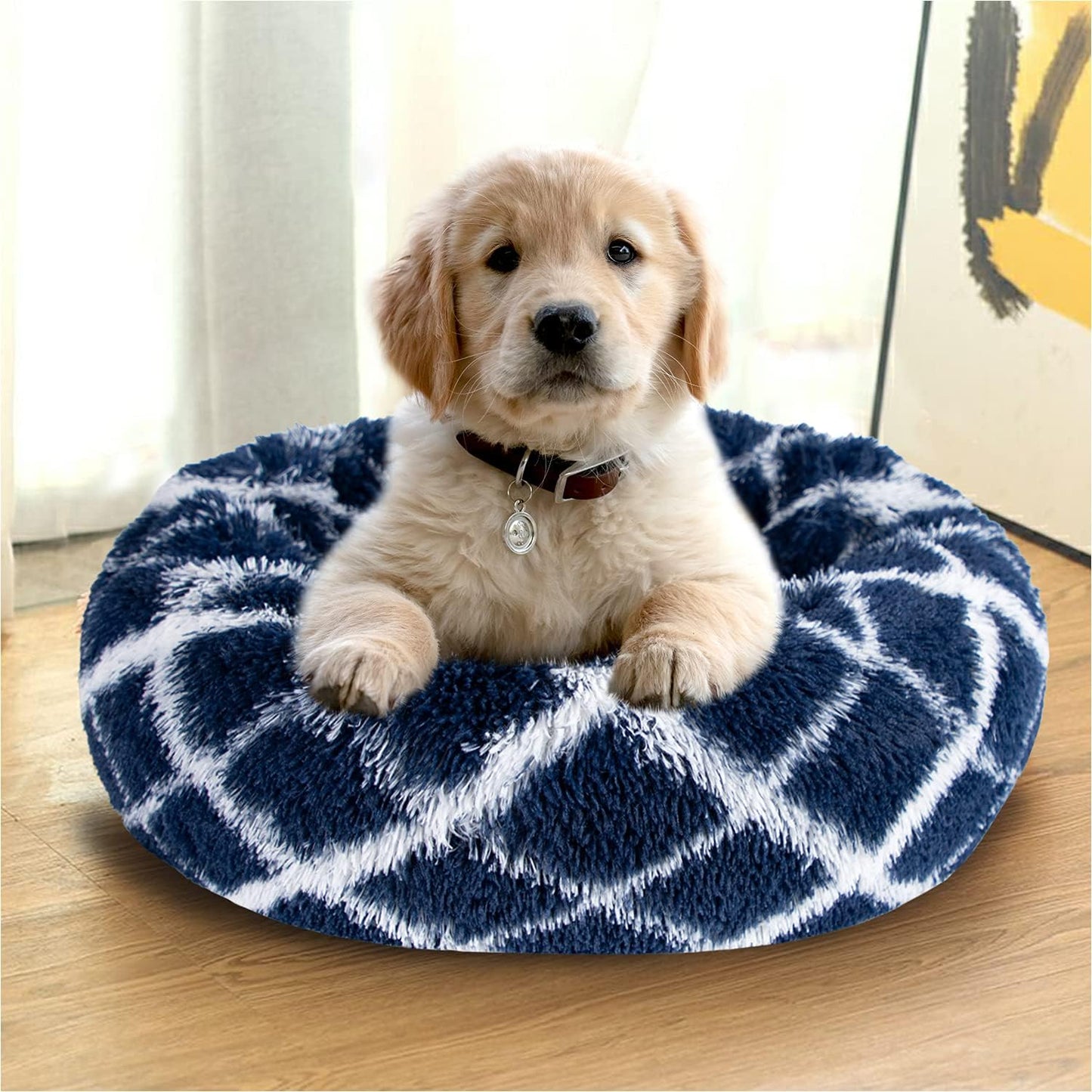 round Calming Dog Bed anti Anxiety Fluffy Plush Pet Bed Self Warming Faux Fur Dog Donut Cuddler Bed for Large Dogs 30"