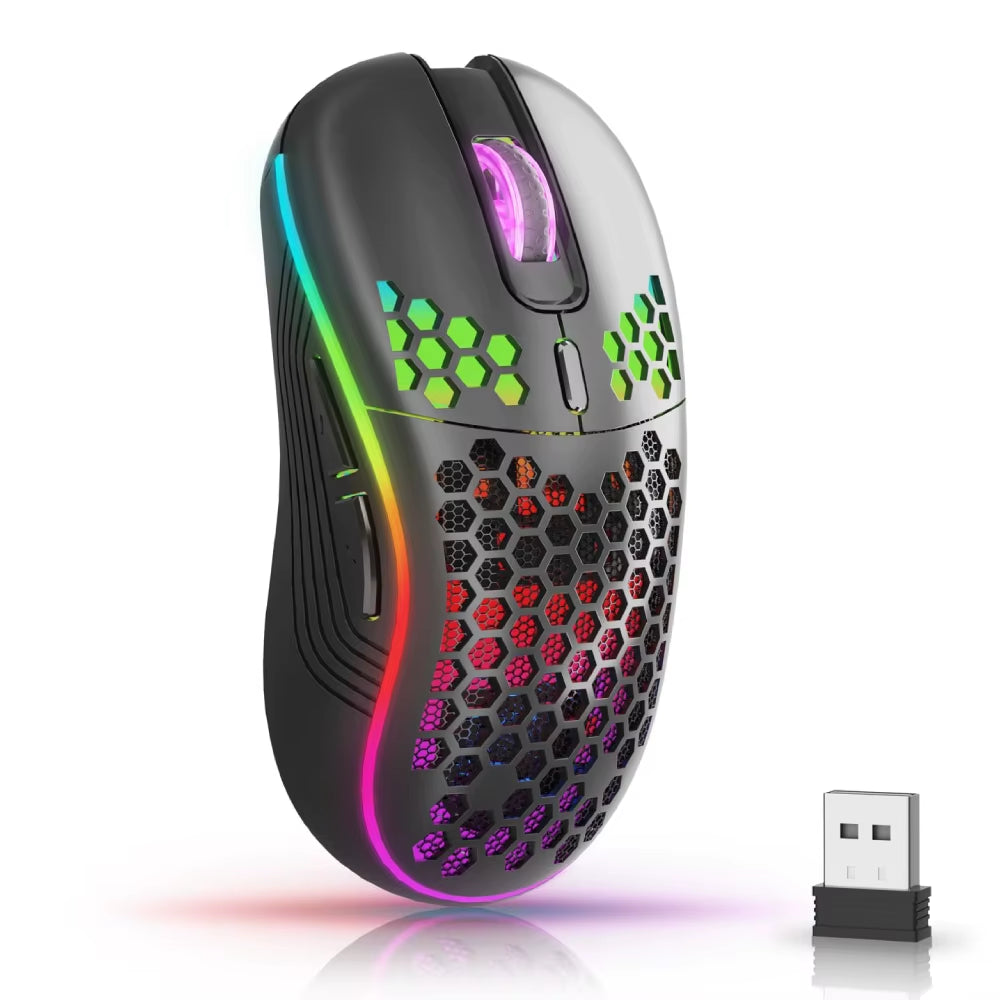 2.4GHz Wireless RGB Backlit Gaming Mouse with 6 Buttons, 3-Speed DPI, Type C Rechargeable, Ergonomic Honeycomb Design