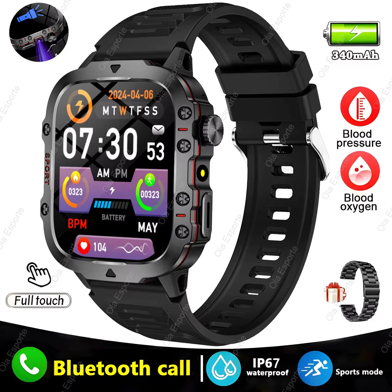 Men's Smartwatch with Flashlight, Bluetooth Calling, Fitness Tracking, IP68 Waterproof, Compatible with Xiaomi and Android - 2024 Model