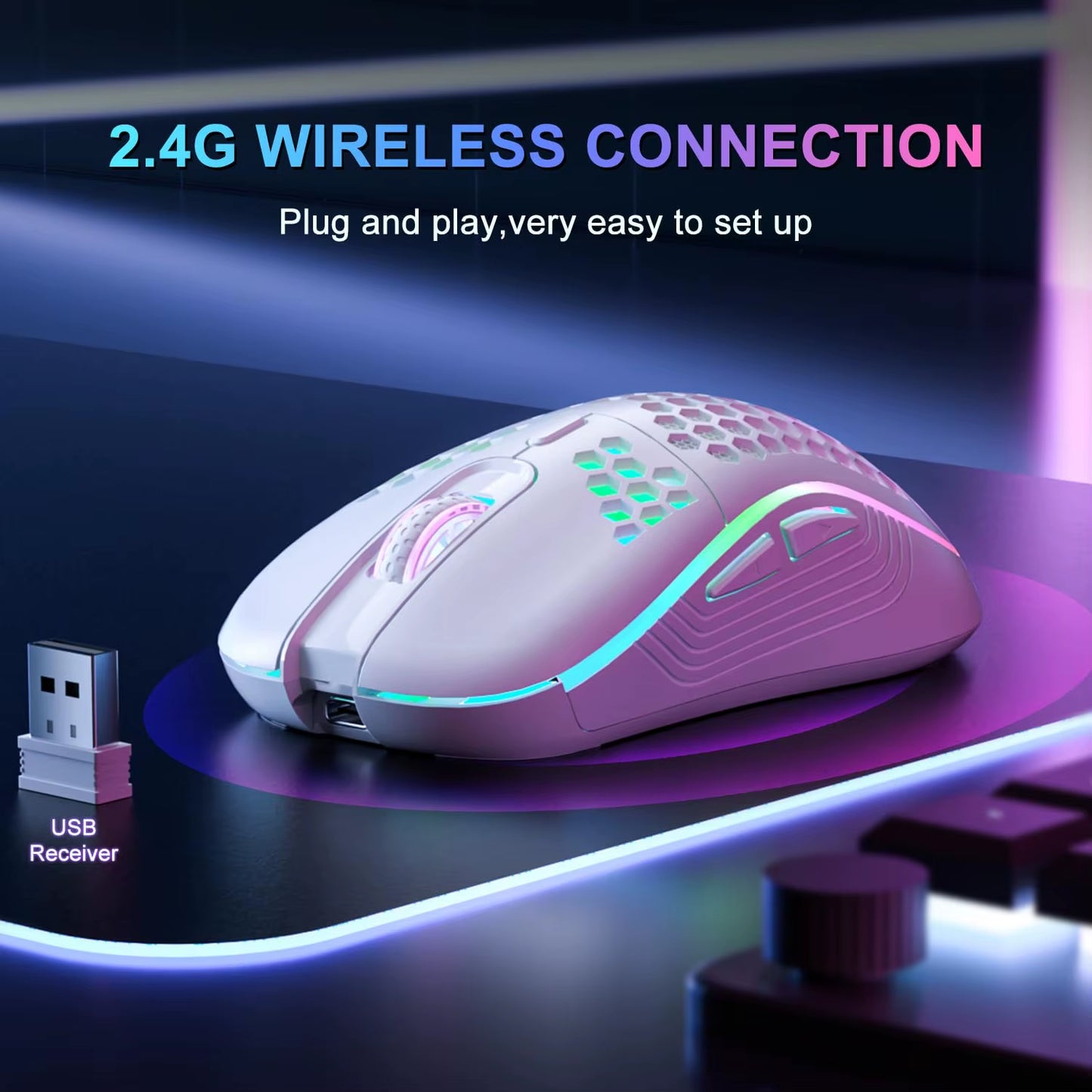 2.4GHz Wireless RGB Backlit Gaming Mouse with 6 Buttons, 3-Speed DPI, Type C Rechargeable, Ergonomic Honeycomb Design