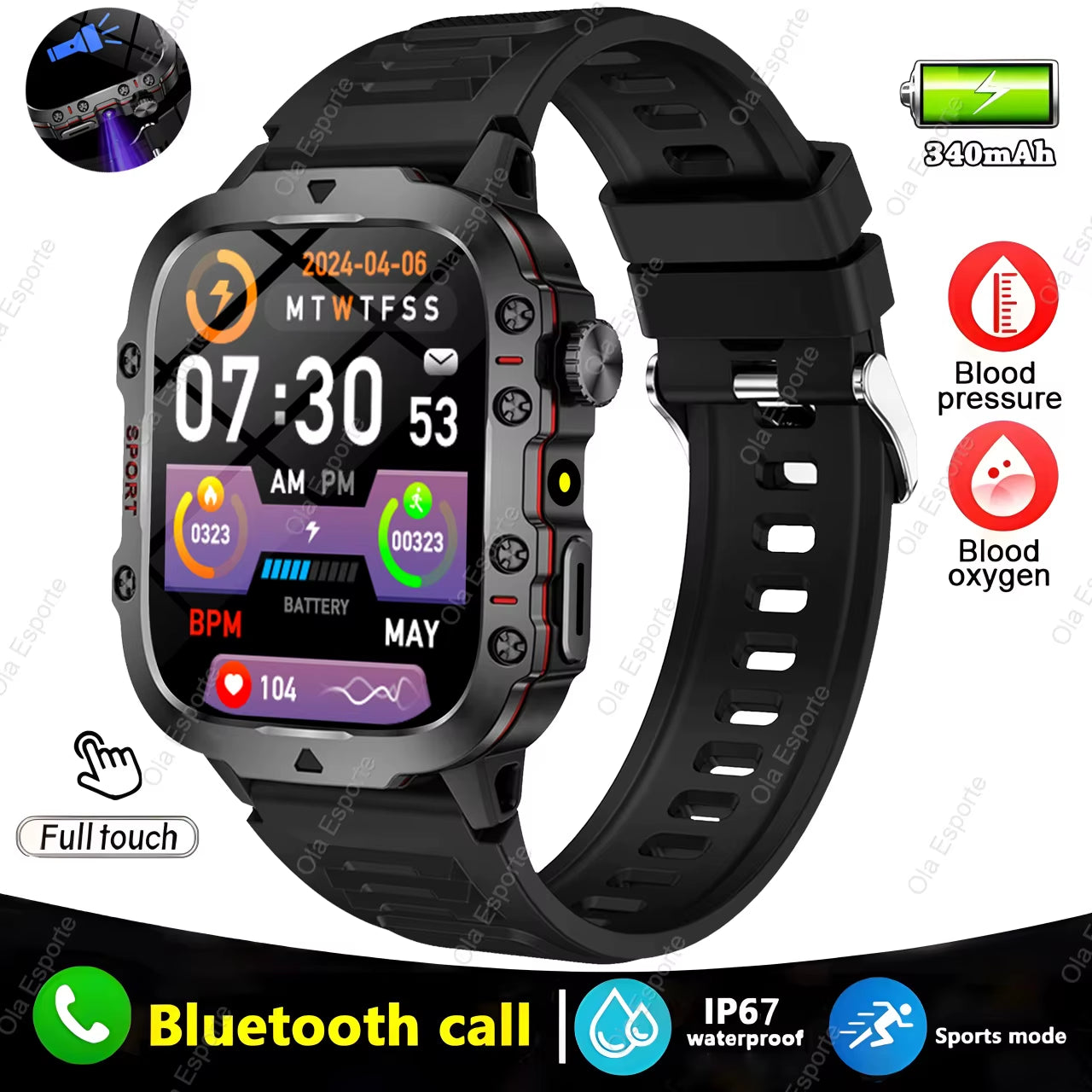 Men's Smartwatch with Flashlight, Bluetooth Calling, Fitness Tracking, IP68 Waterproof, Compatible with Xiaomi and Android - 2024 Model