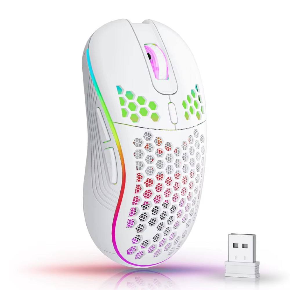 2.4GHz Wireless RGB Backlit Gaming Mouse with 6 Buttons, 3-Speed DPI, Type C Rechargeable, Ergonomic Honeycomb Design