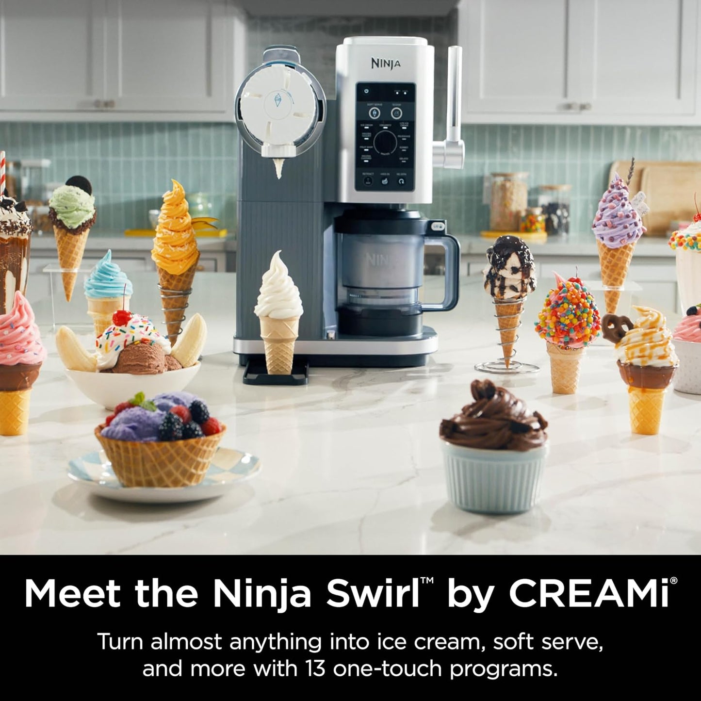 Creami Swirl Ice Cream and Soft Serve Maker, Sorbet, Milkshake, Frozen Yogurt, Low Calories Program & More, 13-In-1, Soft Serve Handle & (2) Creami Swirl 16Oz Pints, for Kids & ALL Ages, NC701C