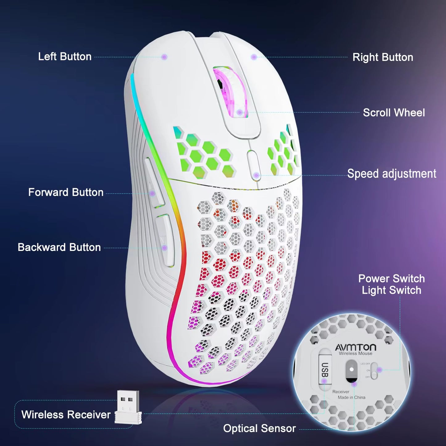 2.4GHz Wireless RGB Backlit Gaming Mouse with 6 Buttons, 3-Speed DPI, Type C Rechargeable, Ergonomic Honeycomb Design