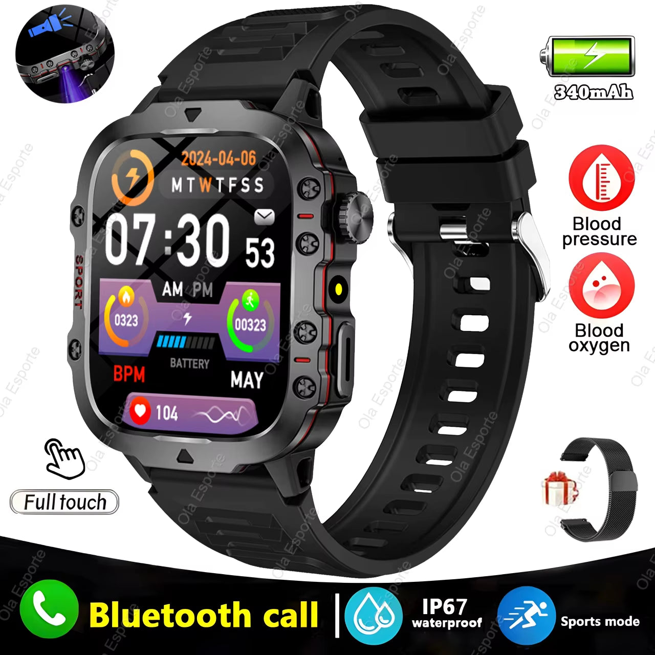 Men's Smartwatch with Flashlight, Bluetooth Calling, Fitness Tracking, IP68 Waterproof, Compatible with Xiaomi and Android - 2024 Model