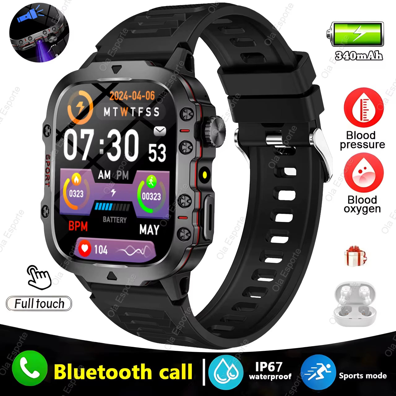 Men's Smartwatch with Flashlight, Bluetooth Calling, Fitness Tracking, IP68 Waterproof, Compatible with Xiaomi and Android - 2024 Model