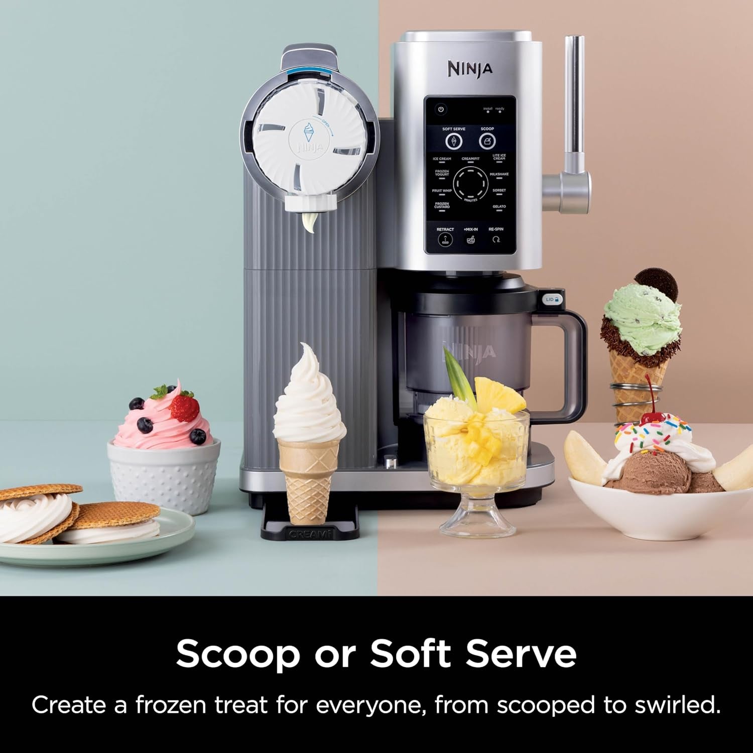 Creami Swirl Ice Cream and Soft Serve Maker, Sorbet, Milkshake, Frozen Yogurt, Low Calories Program & More, 13-In-1, Soft Serve Handle & (2) Creami Swirl 16Oz Pints, for Kids & ALL Ages, NC701C