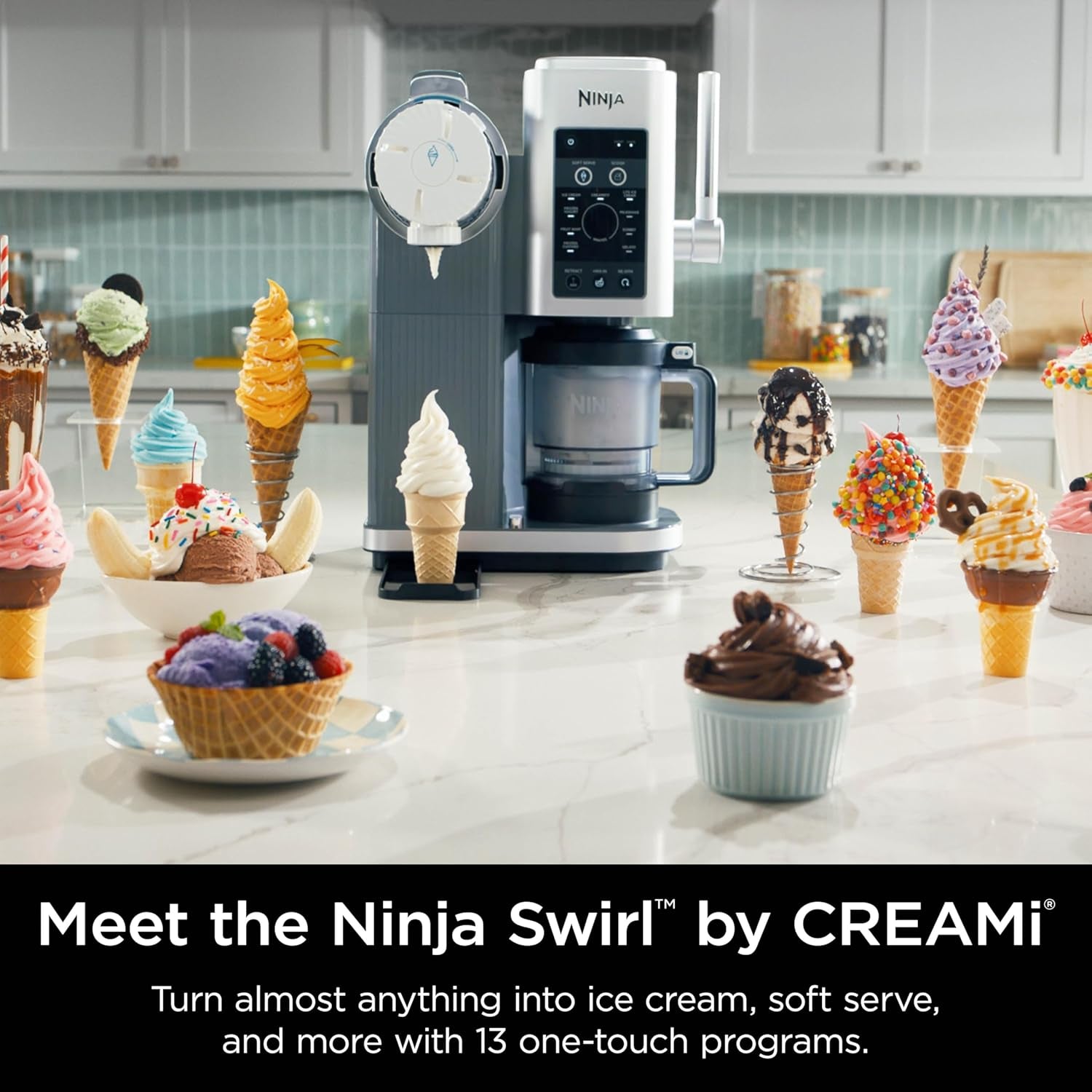 Creami Swirl Ice Cream and Soft Serve Maker, Sorbet, Milkshake, Frozen Yogurt, Low Calories Program & More, 13-In-1, Soft Serve Handle & (2) Creami Swirl 16Oz Pints, for Kids & ALL Ages, NC701C