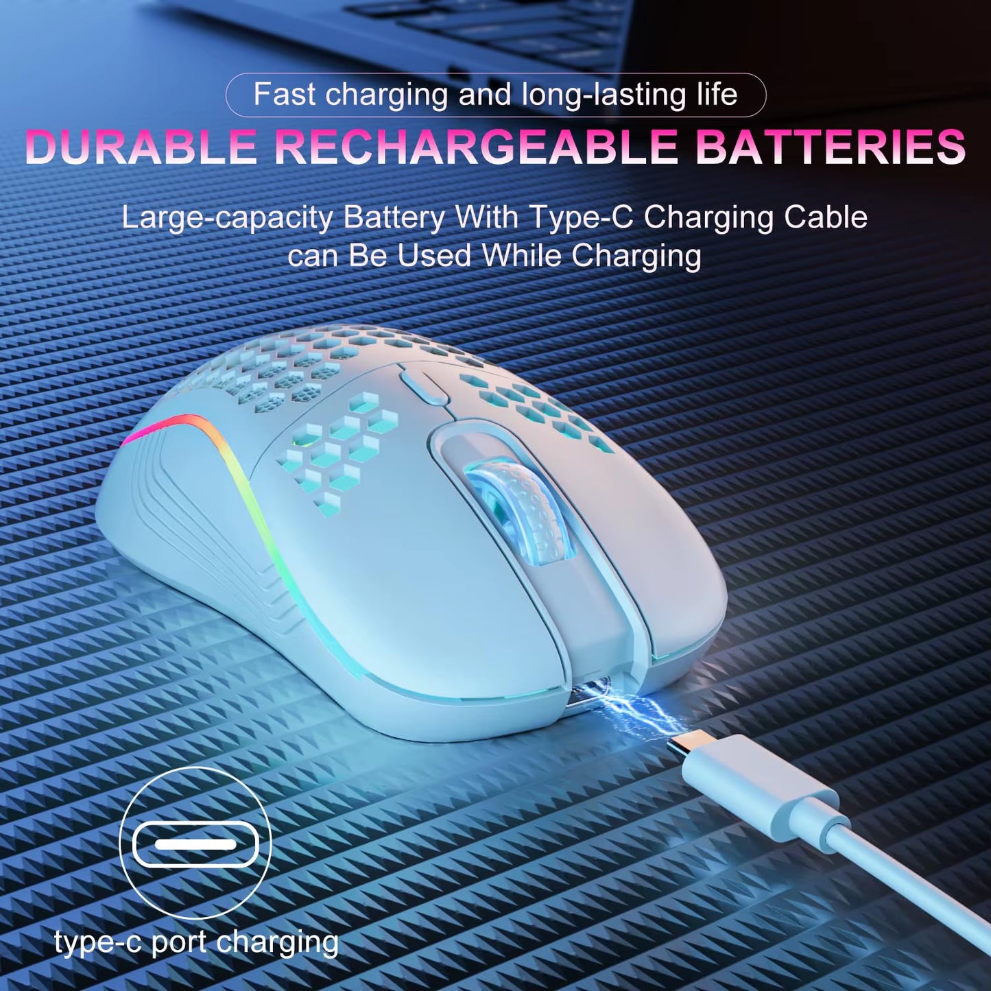 2.4GHz Wireless RGB Backlit Gaming Mouse with 6 Buttons, 3-Speed DPI, Type C Rechargeable, Ergonomic Honeycomb Design